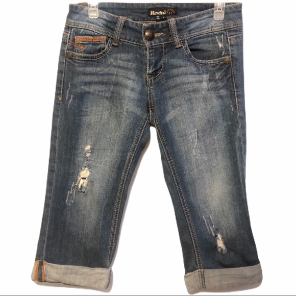 Rewind Denim - REWIND Distressed Denim Blue Jeans Cropped Capris